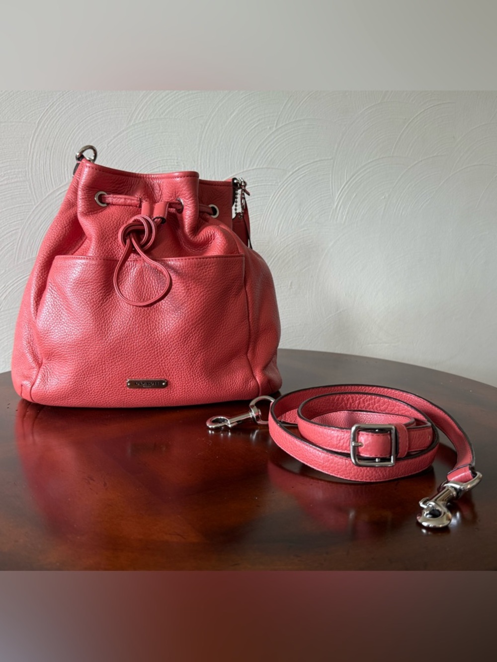 Coach Avery Coral Pebbled Leather Drawstring Hobo Bucket Bag (F27003)